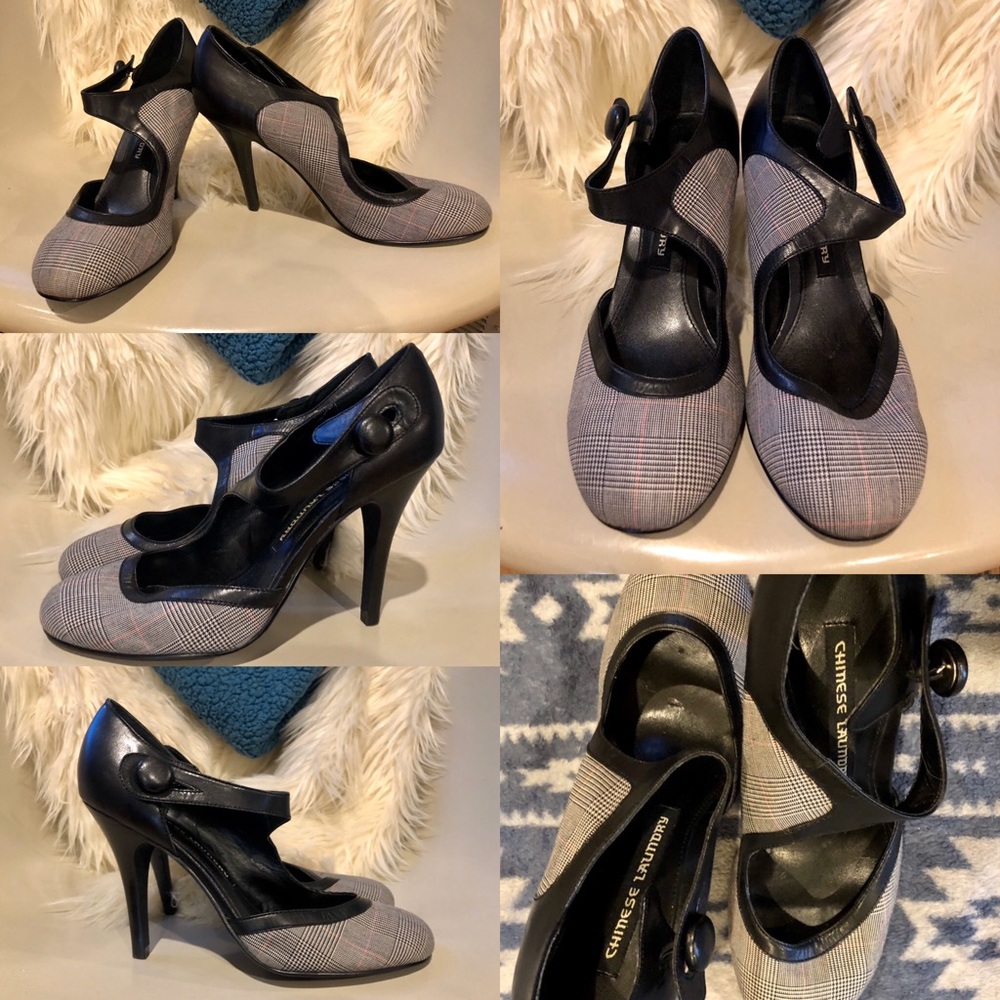 Chinese Laundry Black and white Plaid Mary Style High Heels Size 7.5